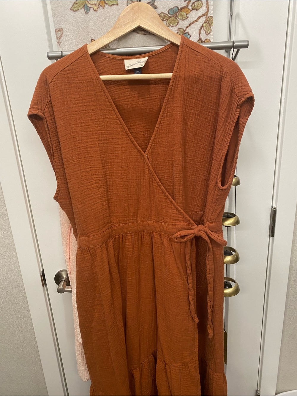 Universal Thread Rust or Pumpkin Wrap Bubble Gauze Midi Dress
